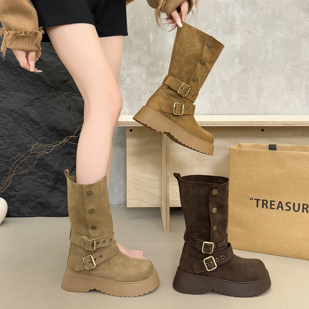 慵懒风短靴女2025新款秋款复古内增高平底休闲时尚堆堆靴马丁靴