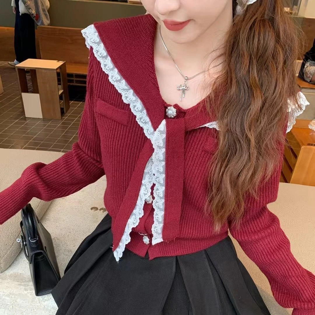韩系学院风蕾丝蝴蝶结海军领纯色单排扣针织开衫上衣显瘦秋冬新款