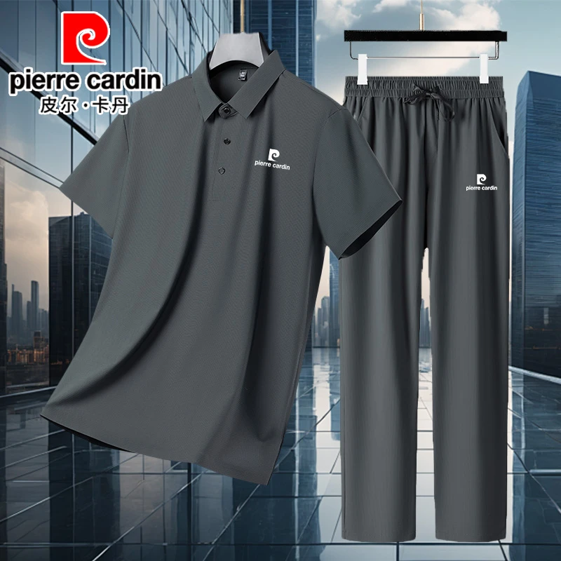 皮尔卡丹男士夏季新款冰丝运动套装 短袖宽松丝滑薄款桑蚕丝T恤男