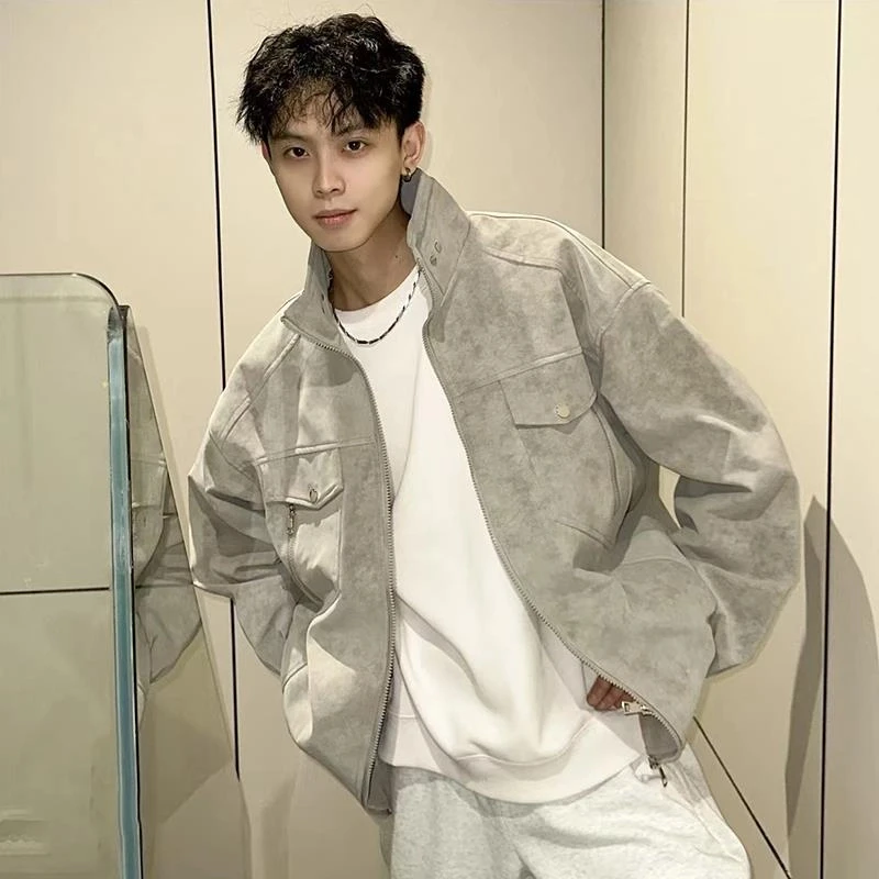 PU皮灰色立领飞行夹克男春秋高级感痞帅工装外套美式短款机车皮衣