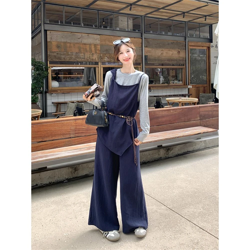 法式不规则马甲T恤阔腿裤套装女春秋松弛感超火流行巨好看三件套