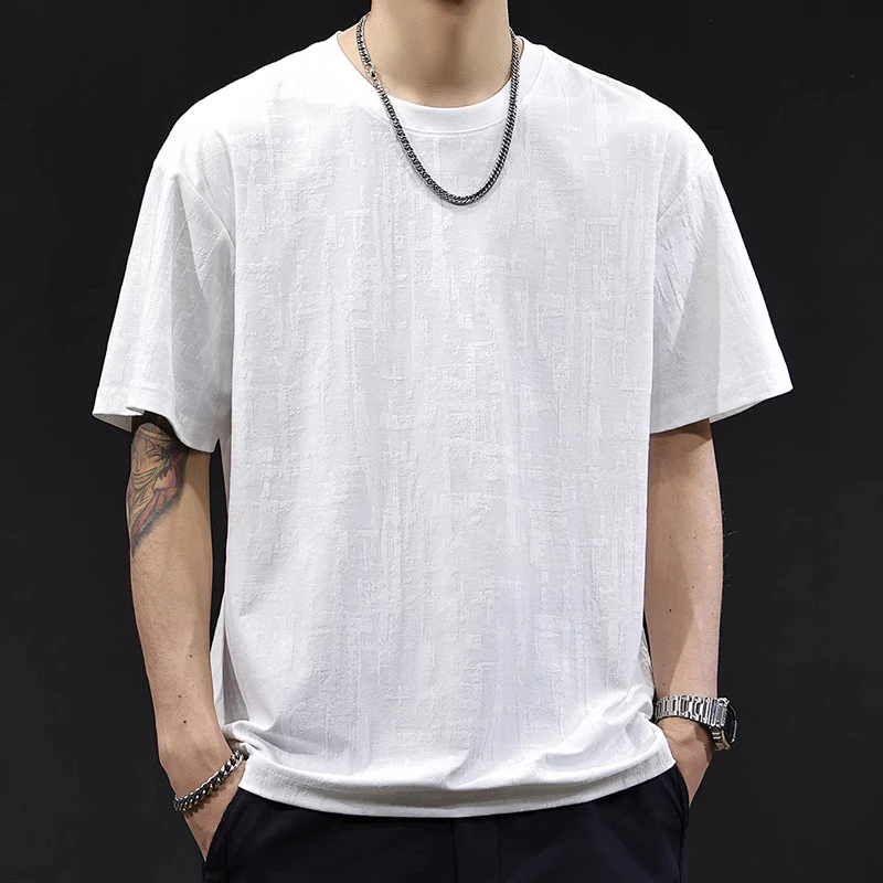 简约提花白色短袖t恤男士夏季2025新款潮牌宽松大码高端衣服体恤