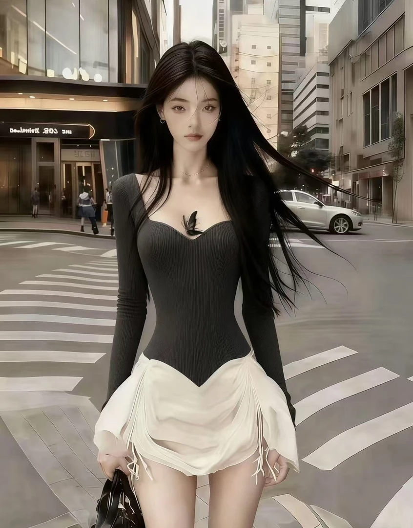 韩版新款高级氛围感日常穿搭深灰色桃心领长袖修身纯欲辣妹连衣裙