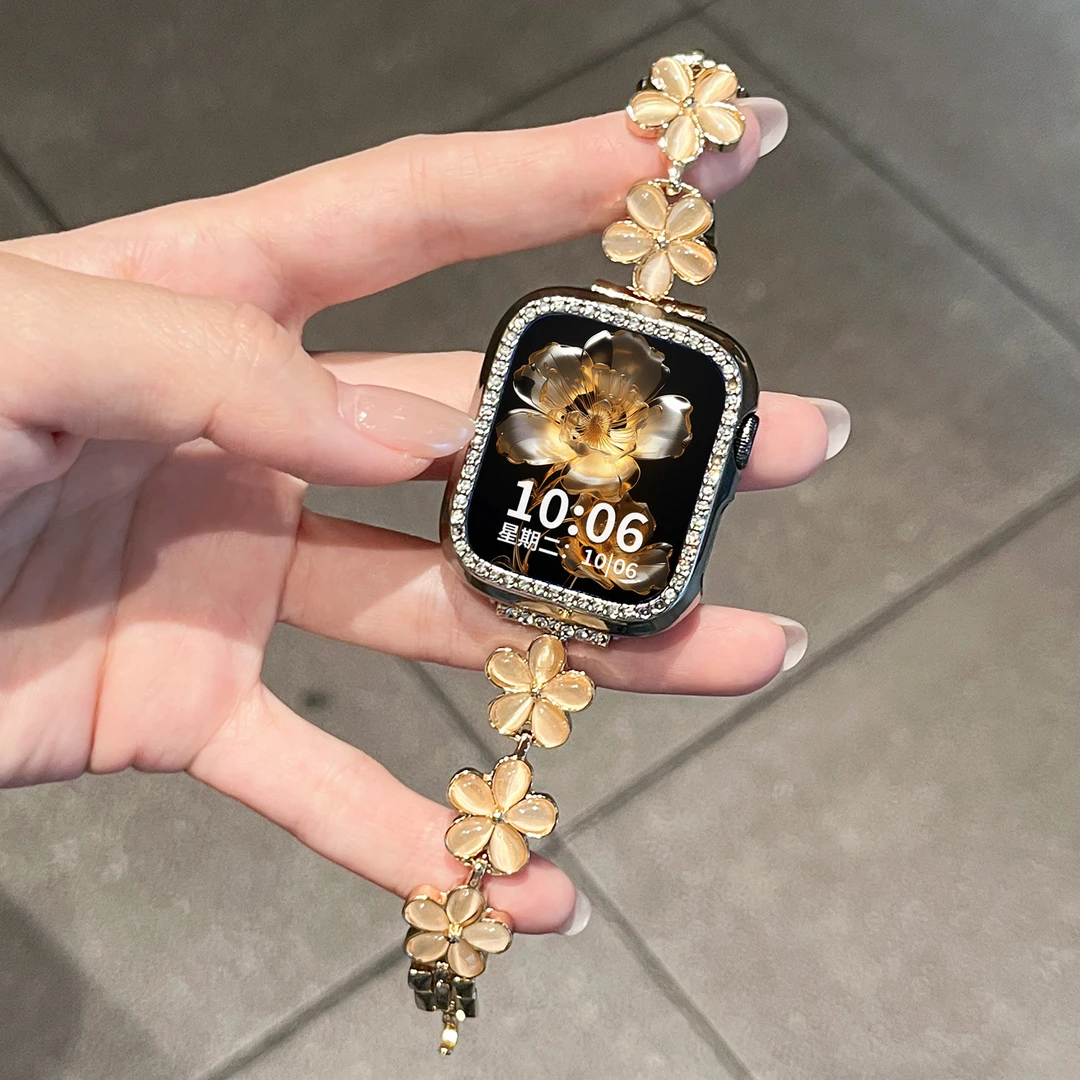 适用苹果S11手表applewatch花朵S10金属iwatch手表链式表带9配件8