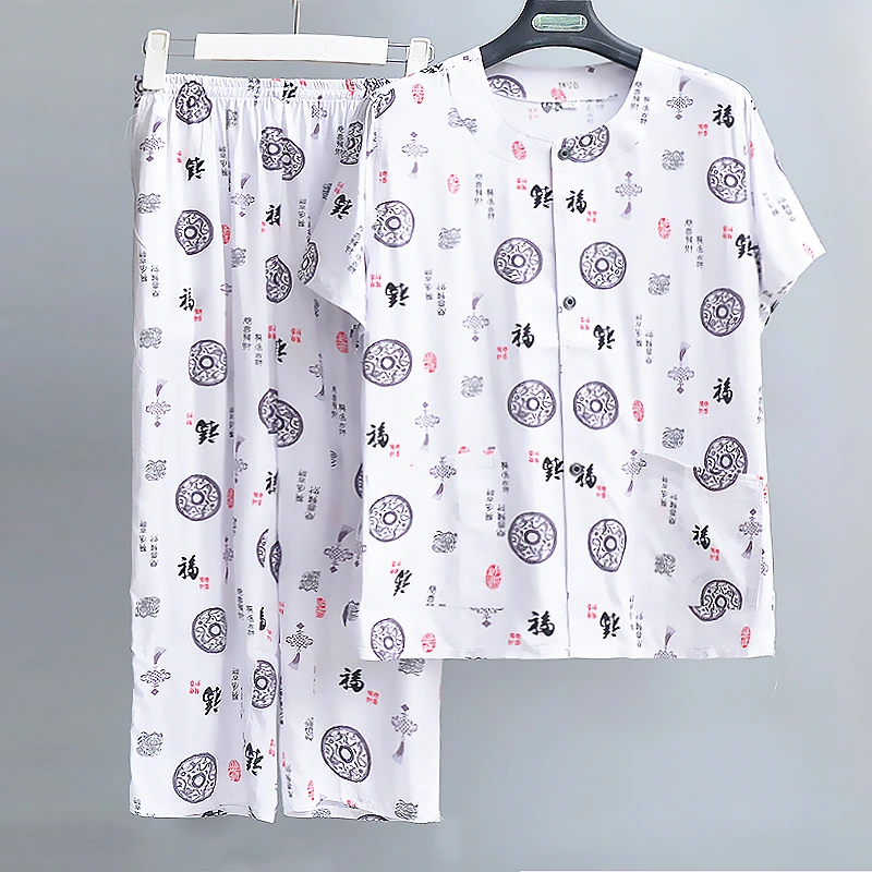男士棉绸套装夏季中老年人造棉短袖开衫棉绸睡衣家居服外出套装