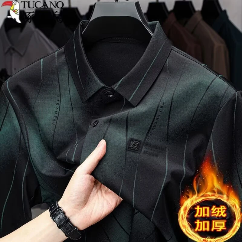 啄木鸟冬季高端加绒加厚长袖衬衫男士商务休闲印花免烫保暖衬衣男