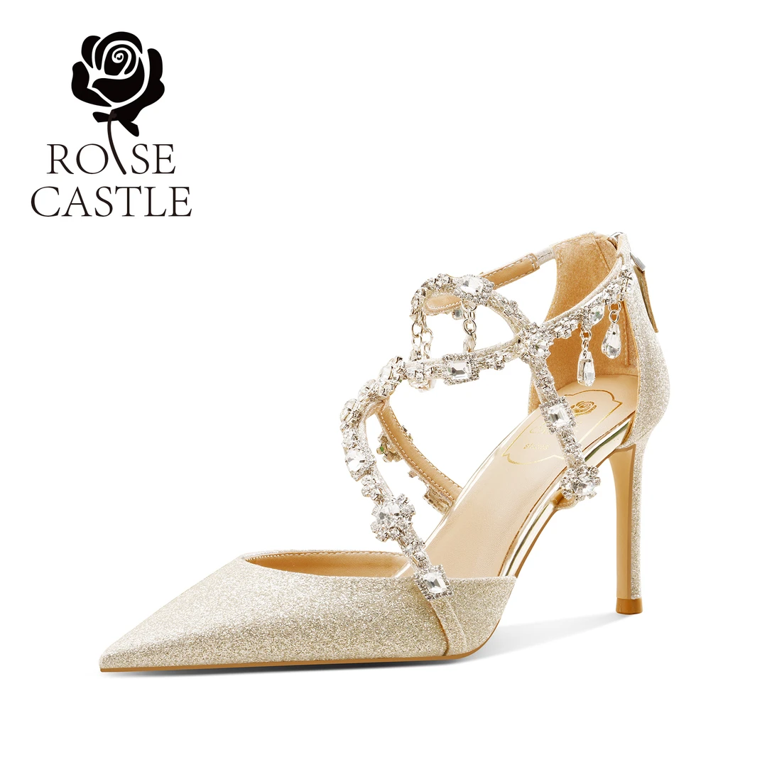 夏季浅金色细跟高跟鞋时尚轻奢流光星辰法式水钻绑带包头亮片凉鞋