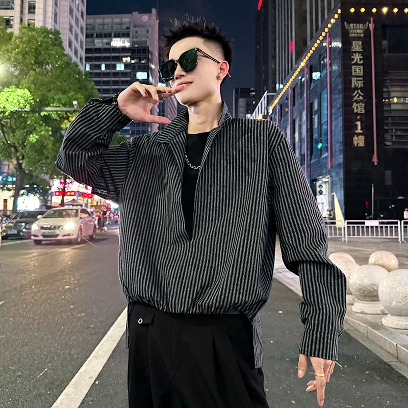 2025秋季新款爆款简约假两件设计感翻领撞色条纹衬衫叠穿衬衣男装