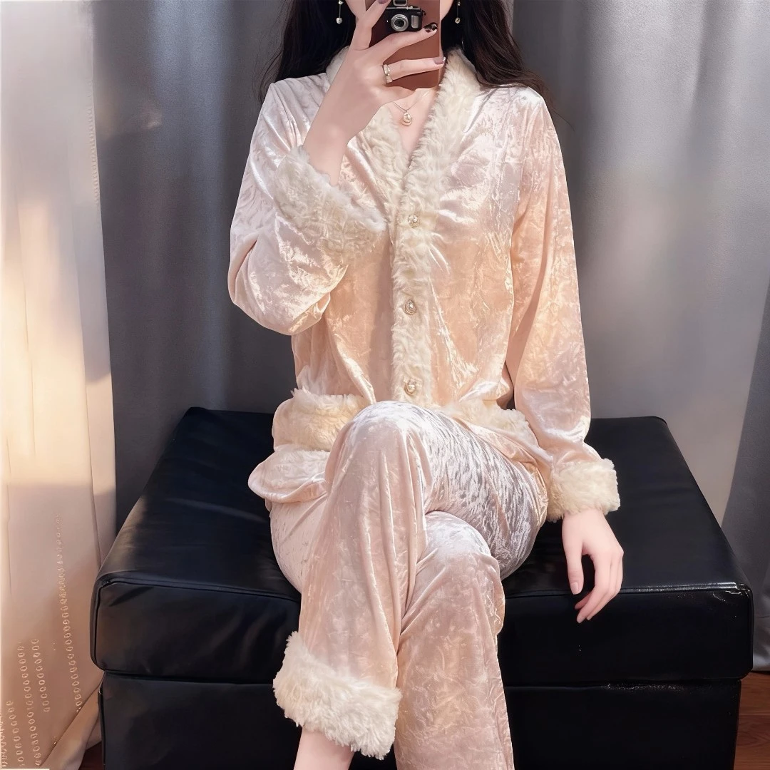 tpvl2025新款【羊羔绒】毛边睡衣女秋冬款粉色家居服长袖套装可外穿