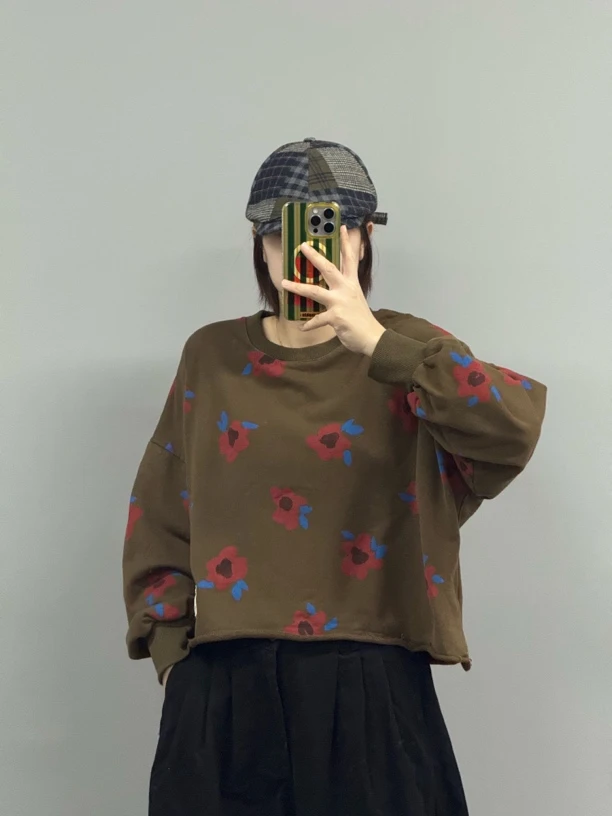 【卷边短碎花卫衣】衣长55胸围140长袖常规减龄宽松T恤宽松圆领