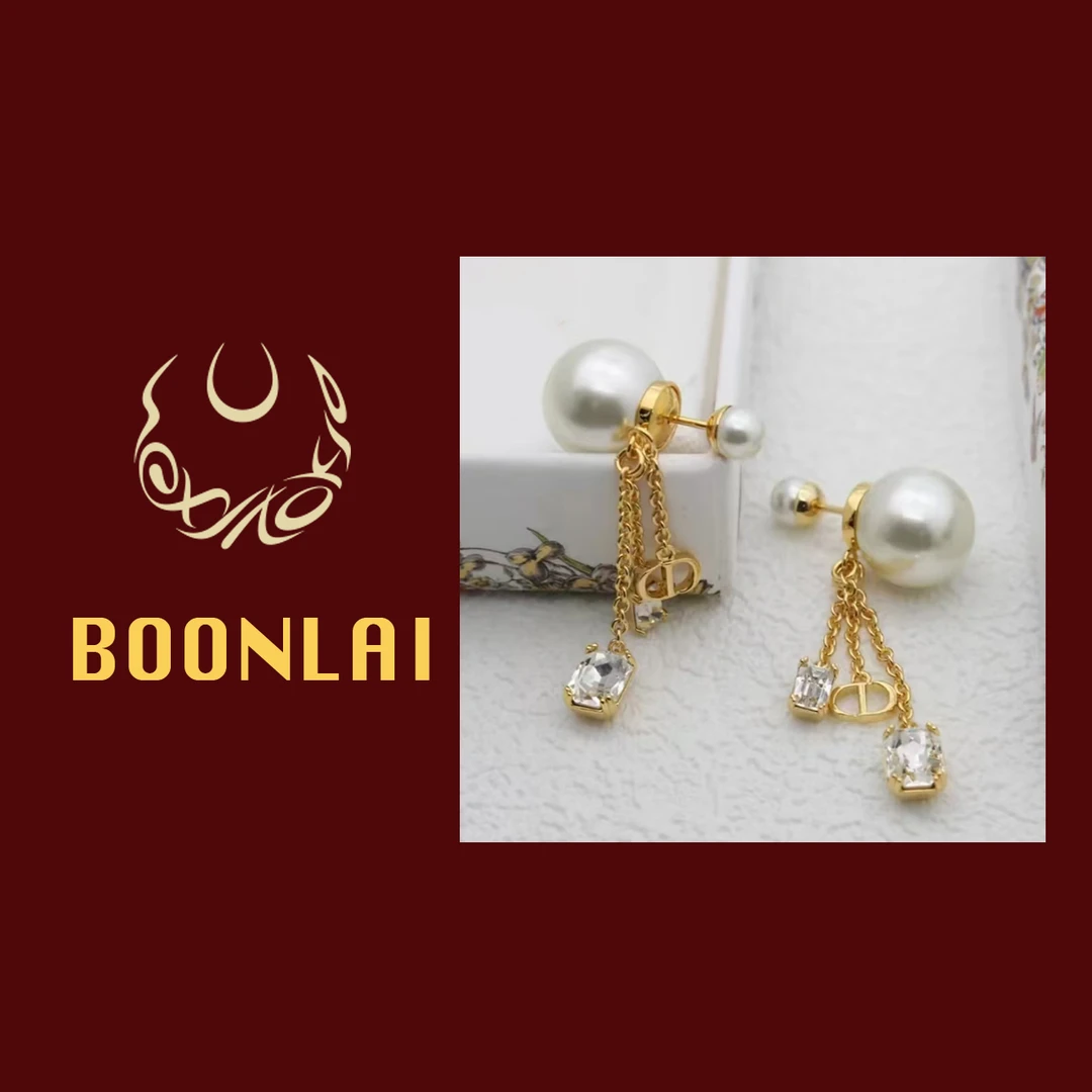 铜合金仿珍珠耳饰 Boonlai  方糖锆石流苏前后珠珠耳环033