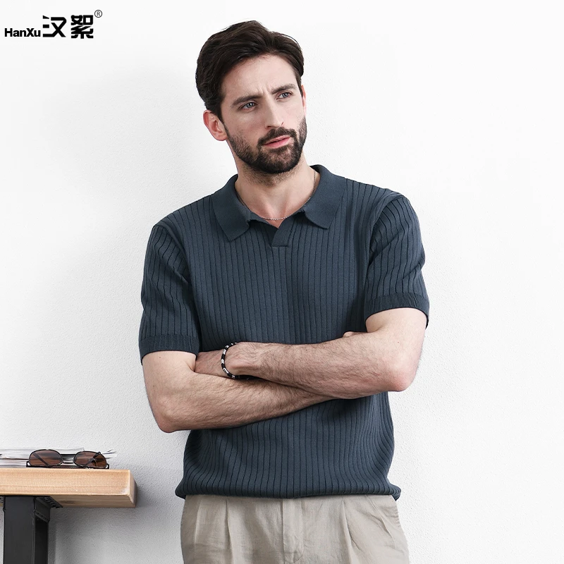 汉絮意式海鸥领老钱风针织短袖POLO衫男夏季商务通勤休闲冰丝t恤