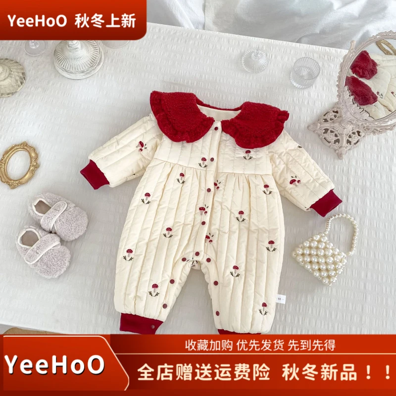 YeeHoO/英氏官方【上新】ins女宝宝冬季连体衣可爱蘑菇刺绣加绒哈衣