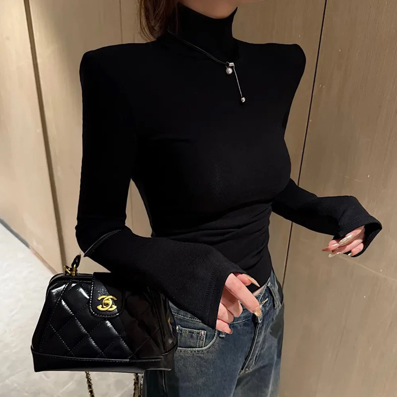 百搭高领加绒长袖秋冬ins烟灰高腰短款修身T恤女加厚