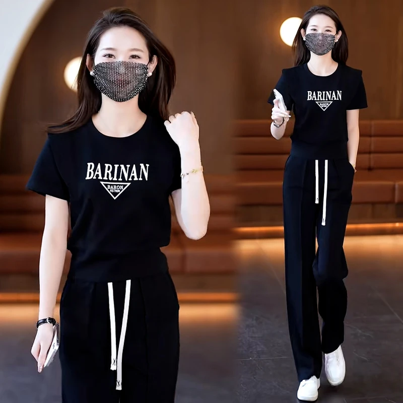 高含棉休闲运动服套装女2025年夏季新款洋气减龄短袖直筒裤两件套