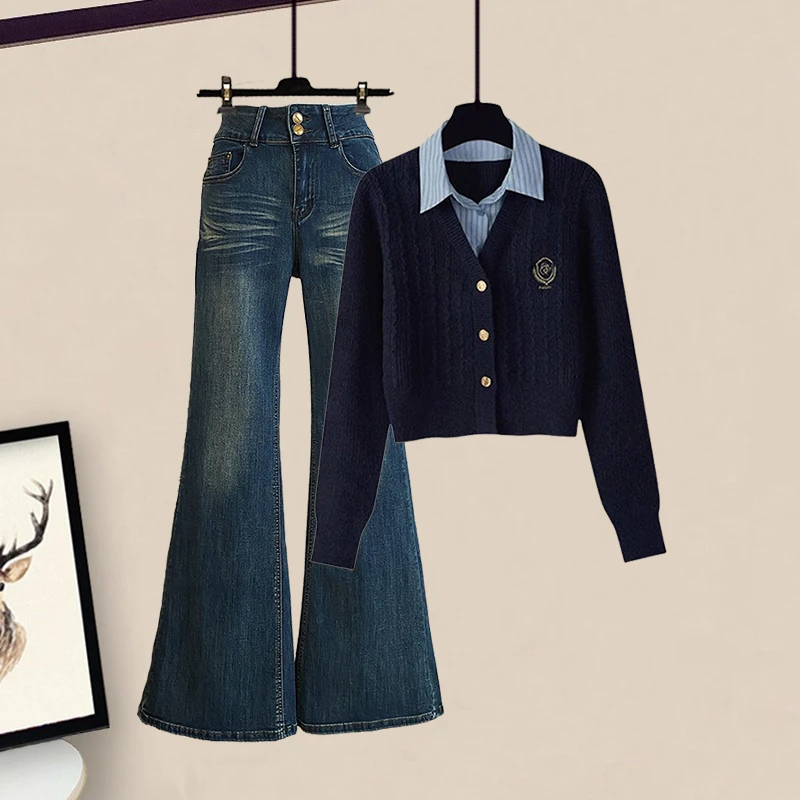 2025秋冬新款洋气套装女气质减龄假两件针织开衫复古显瘦牛仔裤子