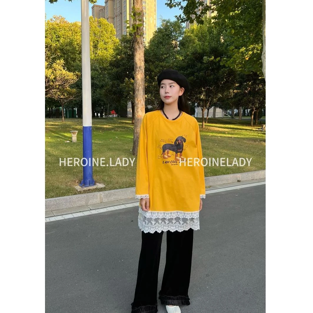 【童趣蕾丝】HL韩系减龄休闲宽松设计感拼接卡通印花圆领长袖T恤