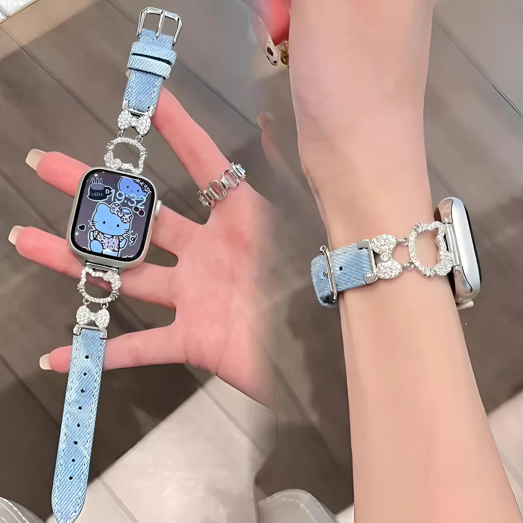 适用小米手环9pro表带kt凯蒂猫8金属拼皮质腕带华为fit3/4闪钻壳