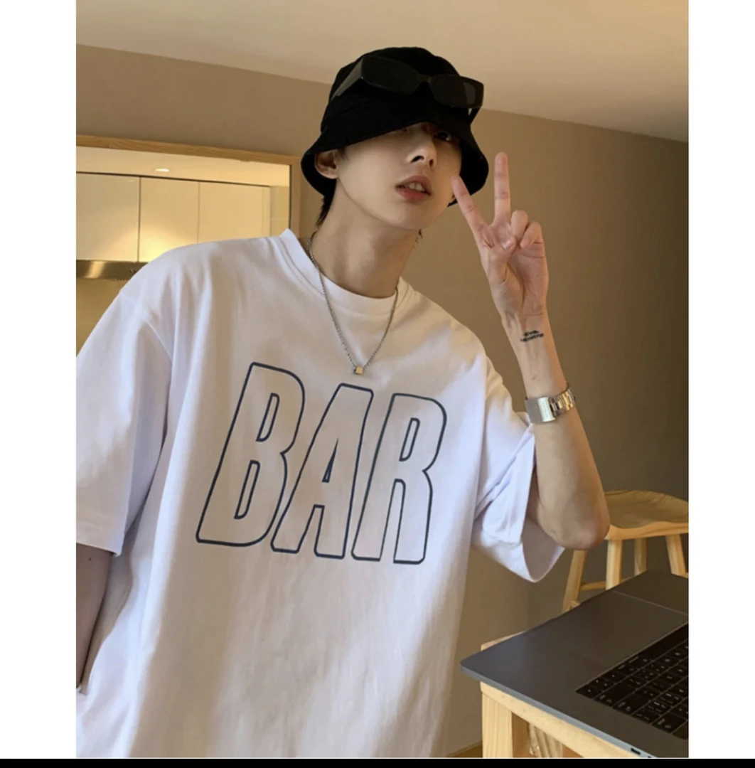 100%纯棉潮牌简约风字母BAR宽松上衣百搭短袖男女情侣T恤