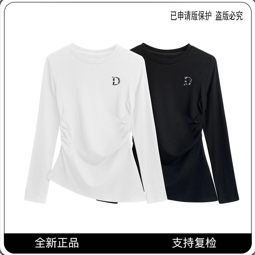 #68253#CSIN轻奢圆领收腰长袖T恤衫2025秋冬百搭显瘦褶皱潮流上衣