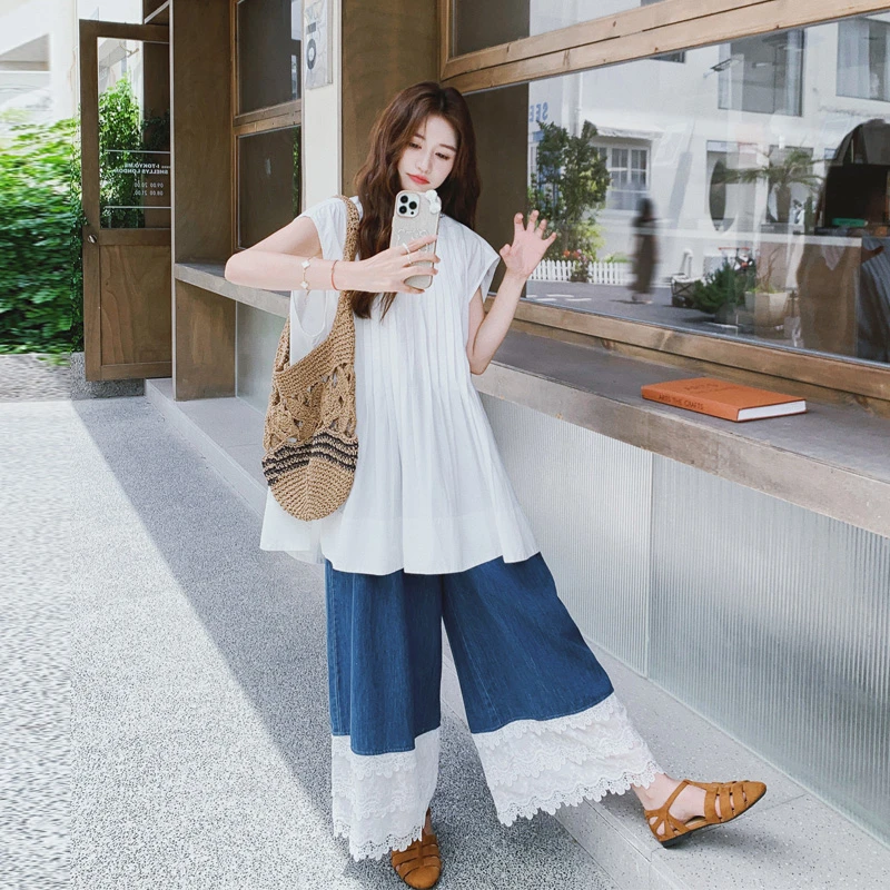 复古甜酷风套装裤女2025夏季新款白色打褶衬衫牛仔蕾丝花边阔腿裤