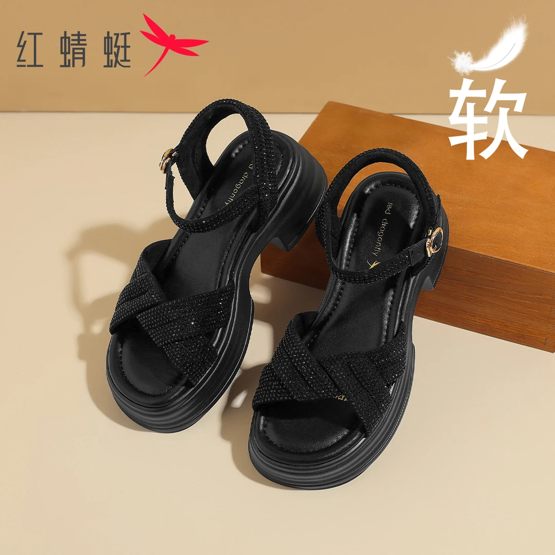 红蜻蜓厚底凉鞋女2025新款秋季配裙外穿增高运动女款一字带沙滩鞋