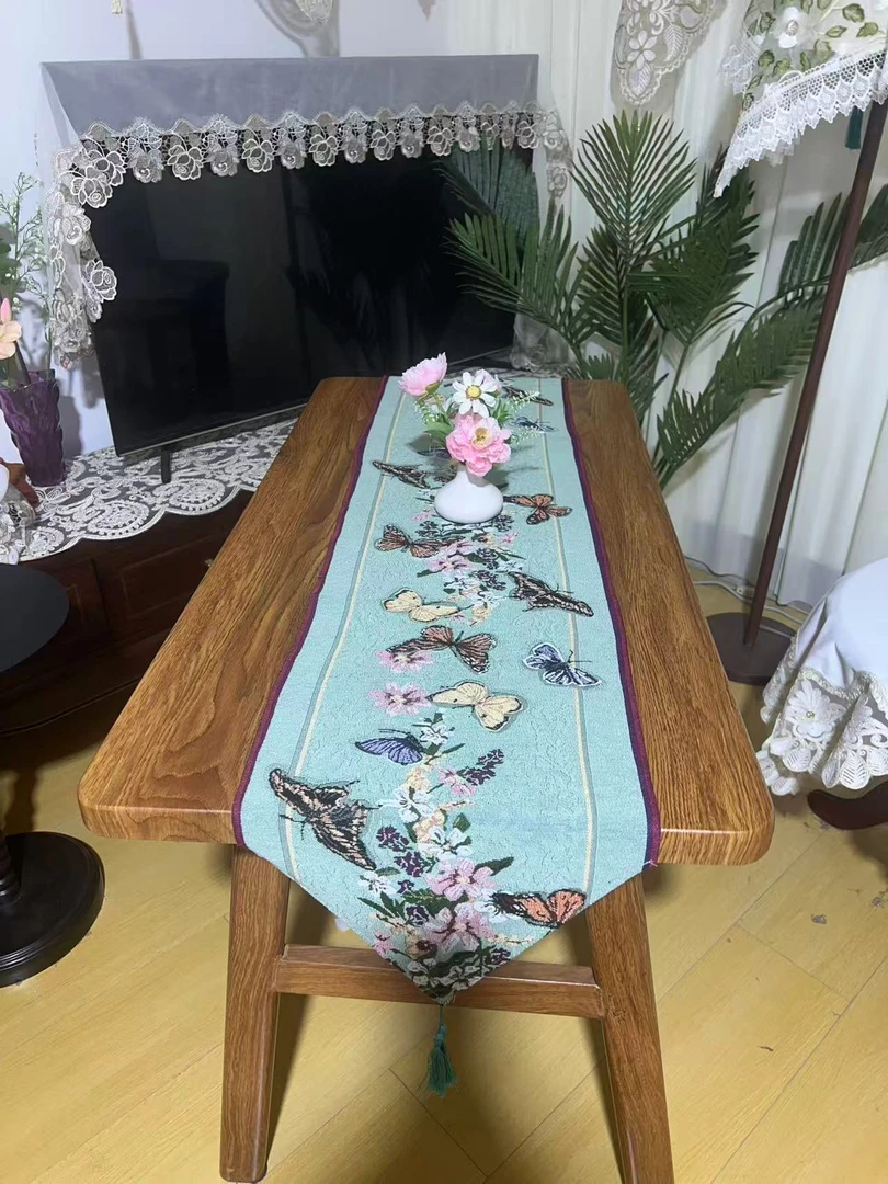 ZN003-173棉麻交织布【37*180】绿蝴蝶桌旗棉麻交织布棉边桌布茶几