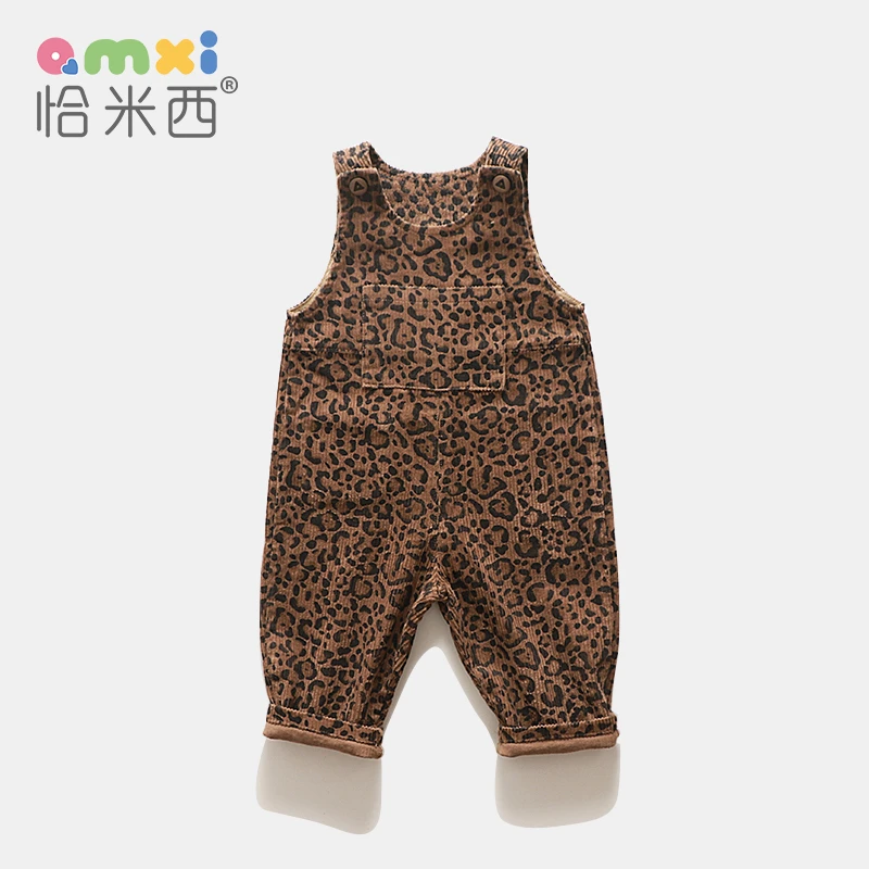 2025春秋装女童背带裤休闲裤女宝宝时髦洋气豹纹灯芯绒连体裤韩版