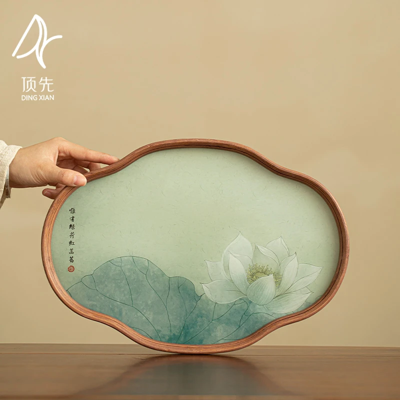 顶先 荷花干泡盘玻璃竹圈托盘茶盘复古简约泡台茶道配件 A11686