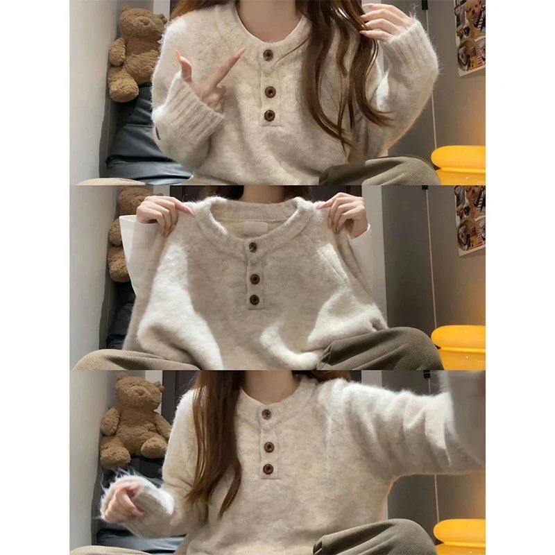 韩版慵懒风外穿圆领短款毛衣开衫秋冬款设计感纽扣小众气质针织衫