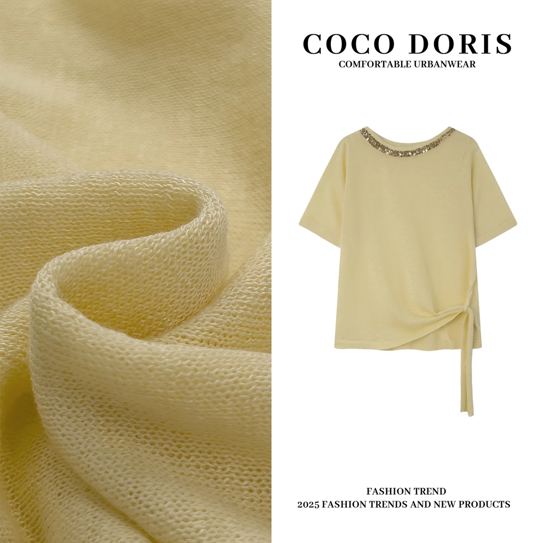 COCO DORIS 春夏新款亮片圆领侧收腰设计针织短袖通勤百搭上衣A22