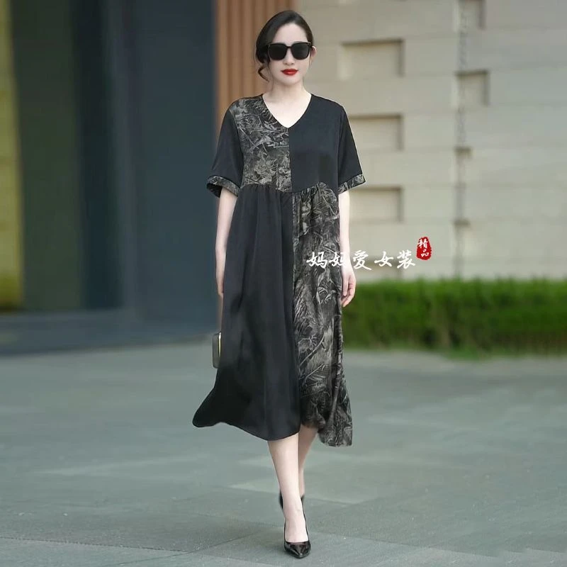 复古大码印花连衣裙2025夏季新款原创拼接V领宽松显瘦气质长裙子
