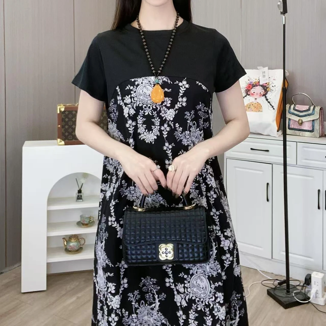 夏季过膝长裙遮肚显瘦印花短袖连衣裙