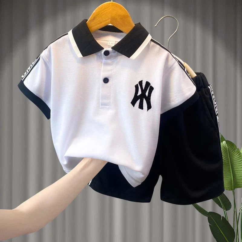 FAVMARTHA男童夏季polo衫套装2025新款宝宝网红短袖衣服小男孩儿
