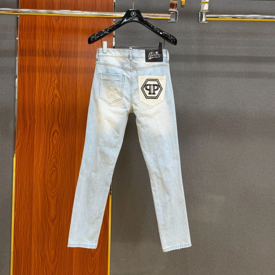 PLIPHPP PLEPN莫兰迪 高奢浅蓝假破洞水洗修身直筒男士牛仔裤9947