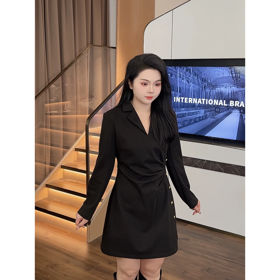 微胖穿搭【DM331】显瘦遮肚气质显瘦压褶长袖连衣裙