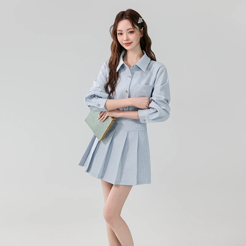 春秋季时尚气质显瘦学院风条纹长袖衬衫高腰短款百褶裙子两件套装