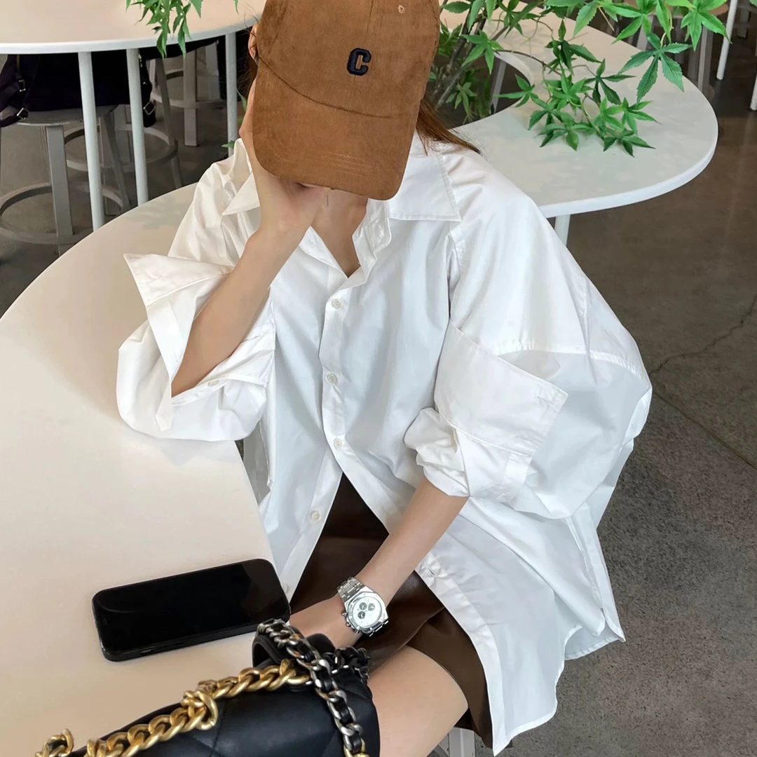 D50639白色长袖衬衫女宽松慵懒风春秋款法式复古百搭