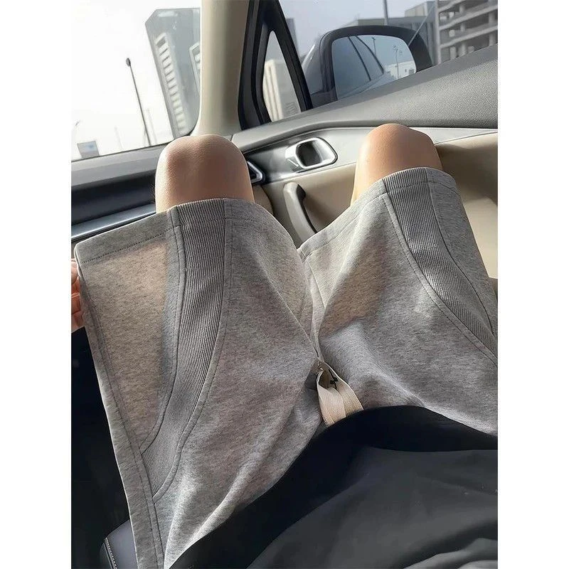 美式重磅拼接灰色短裤男夏季休闲宽松大码帅气百搭运动直筒五分裤