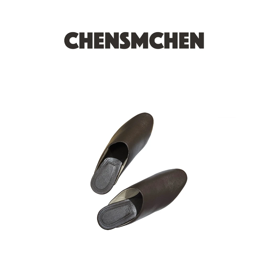 CHENSMCHEN 春款真皮法式粗跟包头拖鞋女