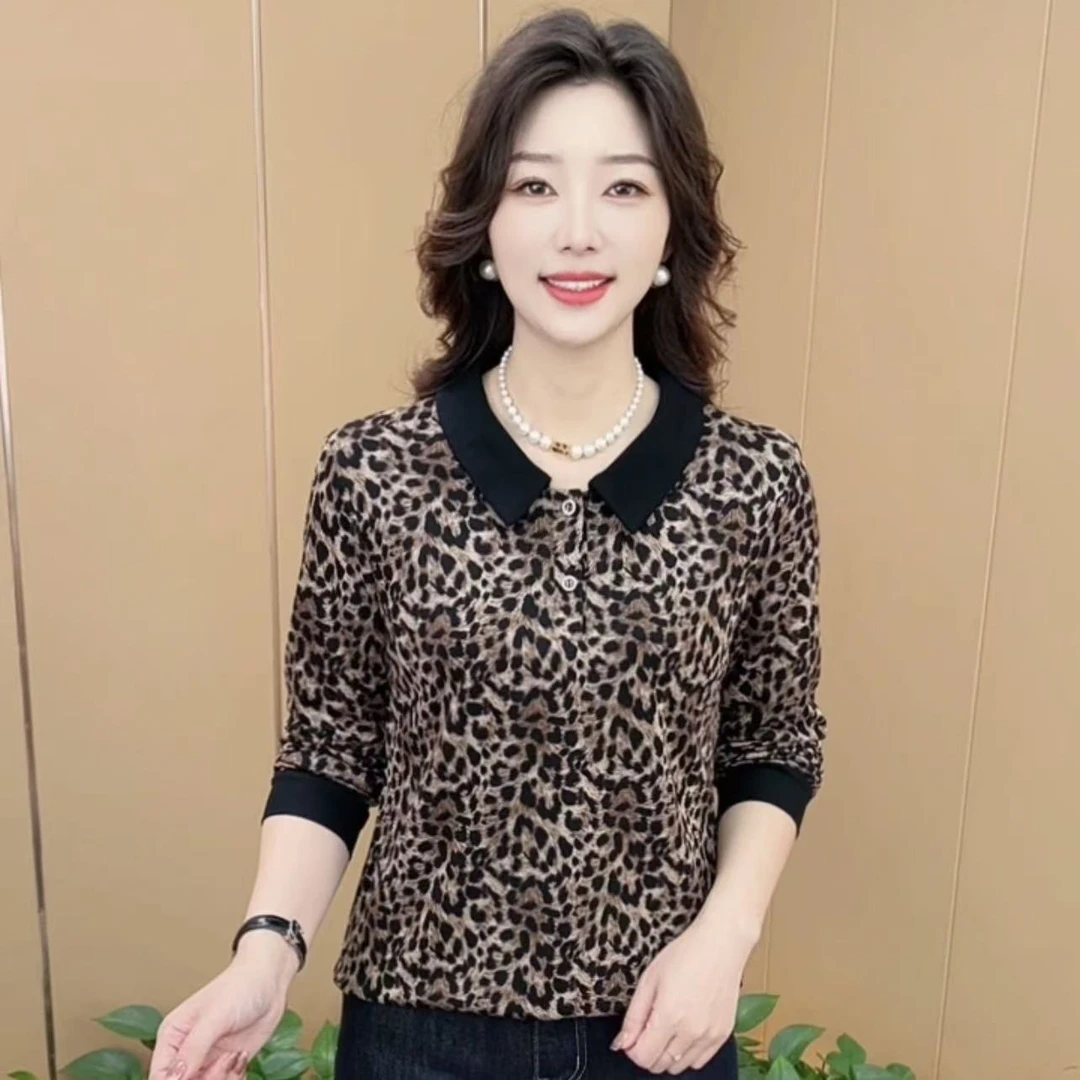 秋季新款时尚翻领豹纹气质妈妈装显瘦洋气百搭休闲长袖上衣K2939