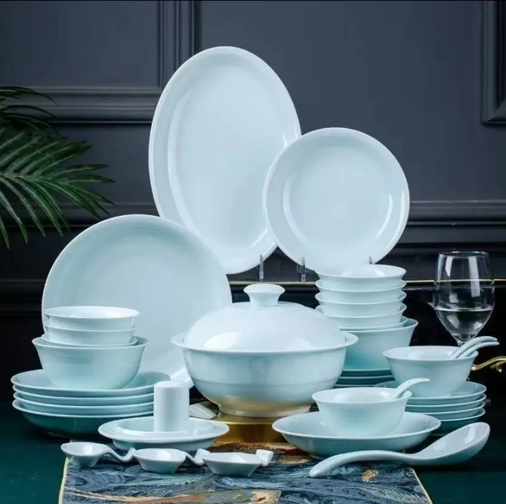 景德镇青瓷高白泥釉下彩碗盘套装轻奢高档家用简约中式风格58件