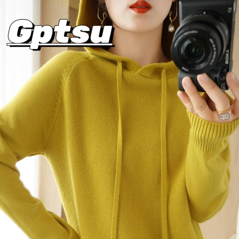 GPTSu配大衣春秋新款带帽毛衣女宽松韩版连帽卫衣长袖打底针织衫
