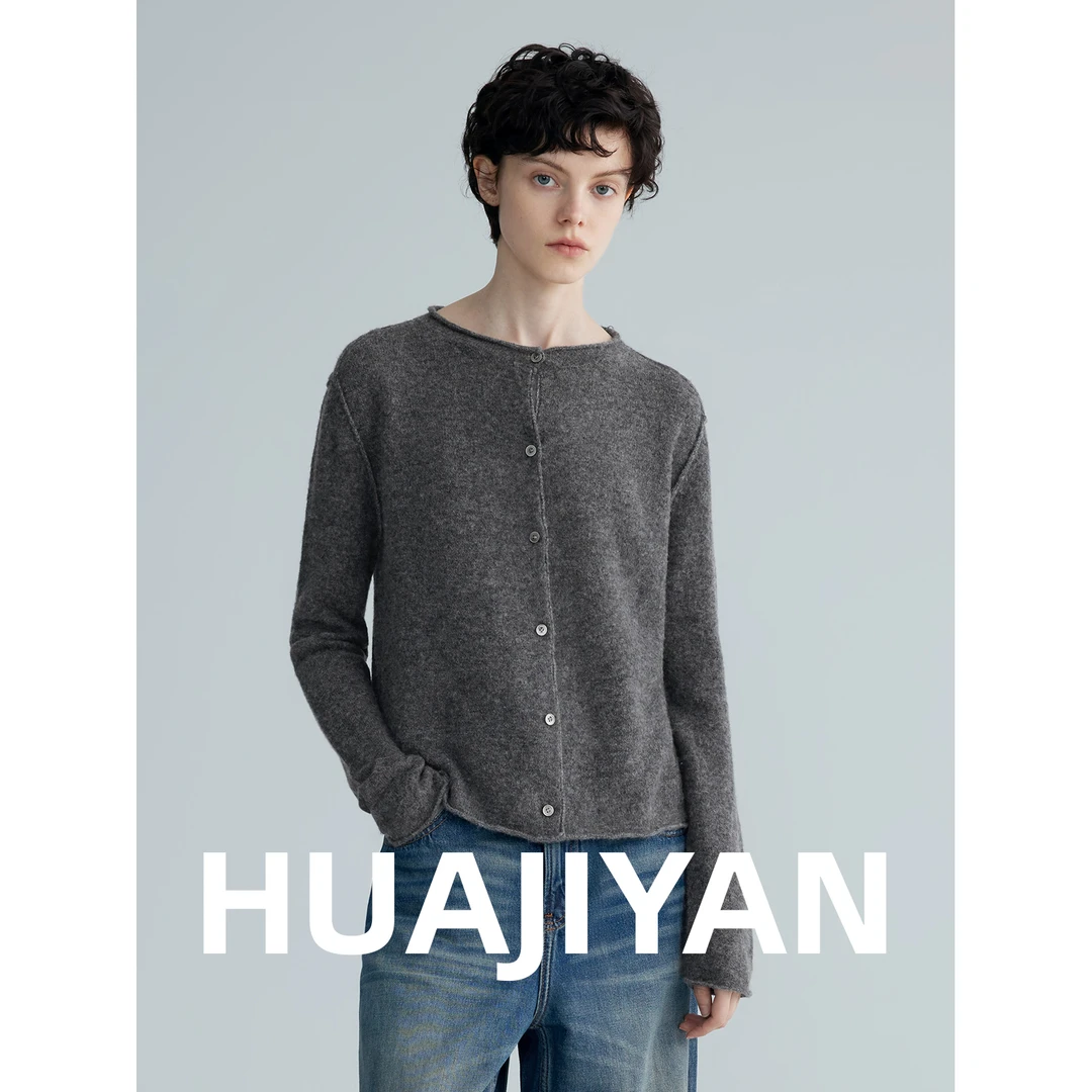 华吉言/HUAJIYAN【麦芬】美利奴羊毛羊驼毛混纺卷边圆领上衣开衫