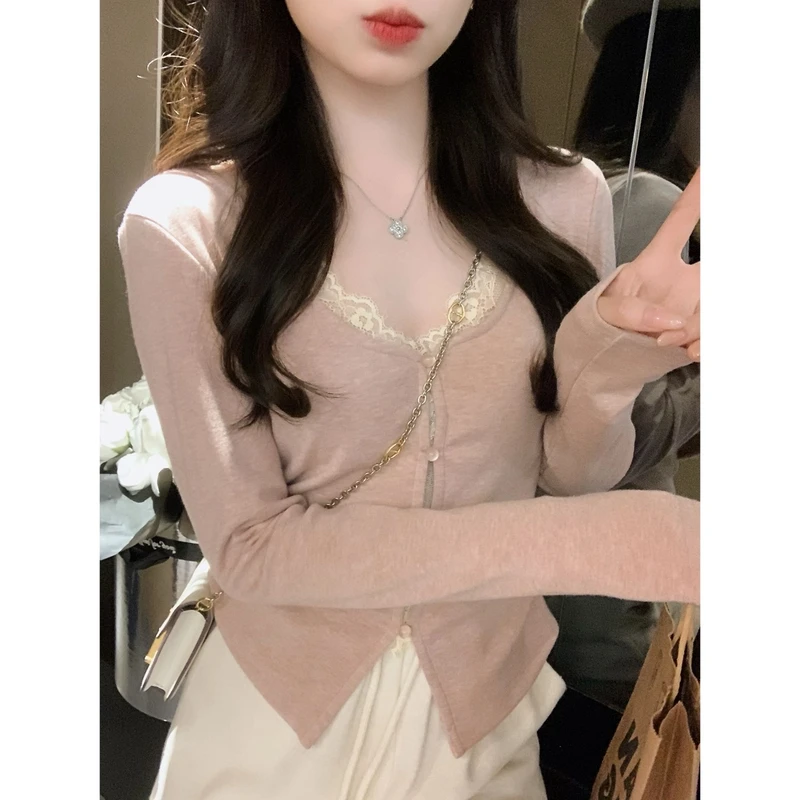 秋冬新款蕾丝假两件v领长袖t恤女收腰显瘦百搭纯欲辣妹打底衫上衣