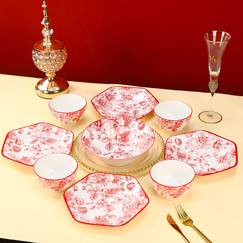 【高端年货】玫瑰皇后4个六角盘+4个4.5英寸米饭碗+1个8英寸汤碗