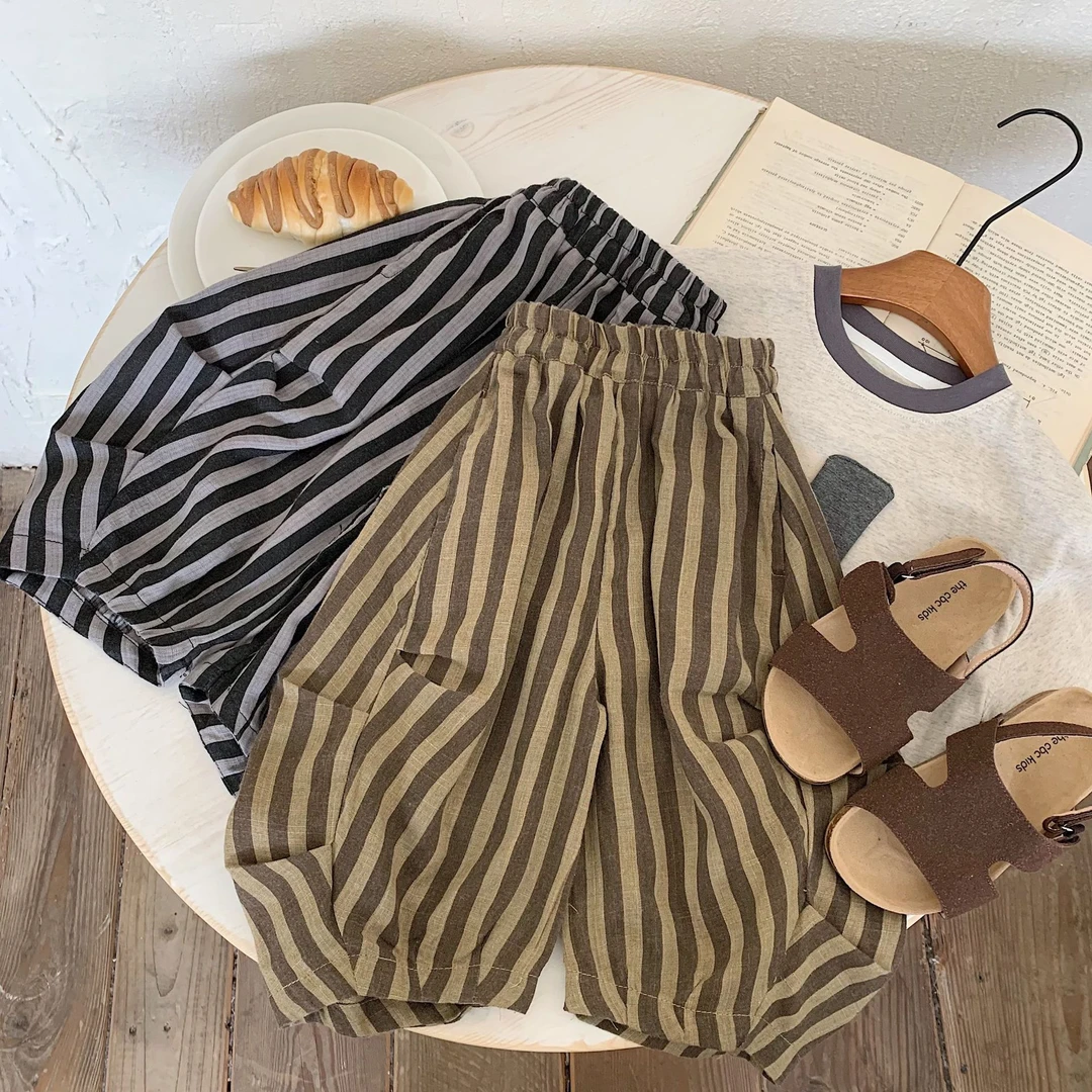 儿童休闲裤2025夏季新款男童条纹弯刀五分裤中小童中裤