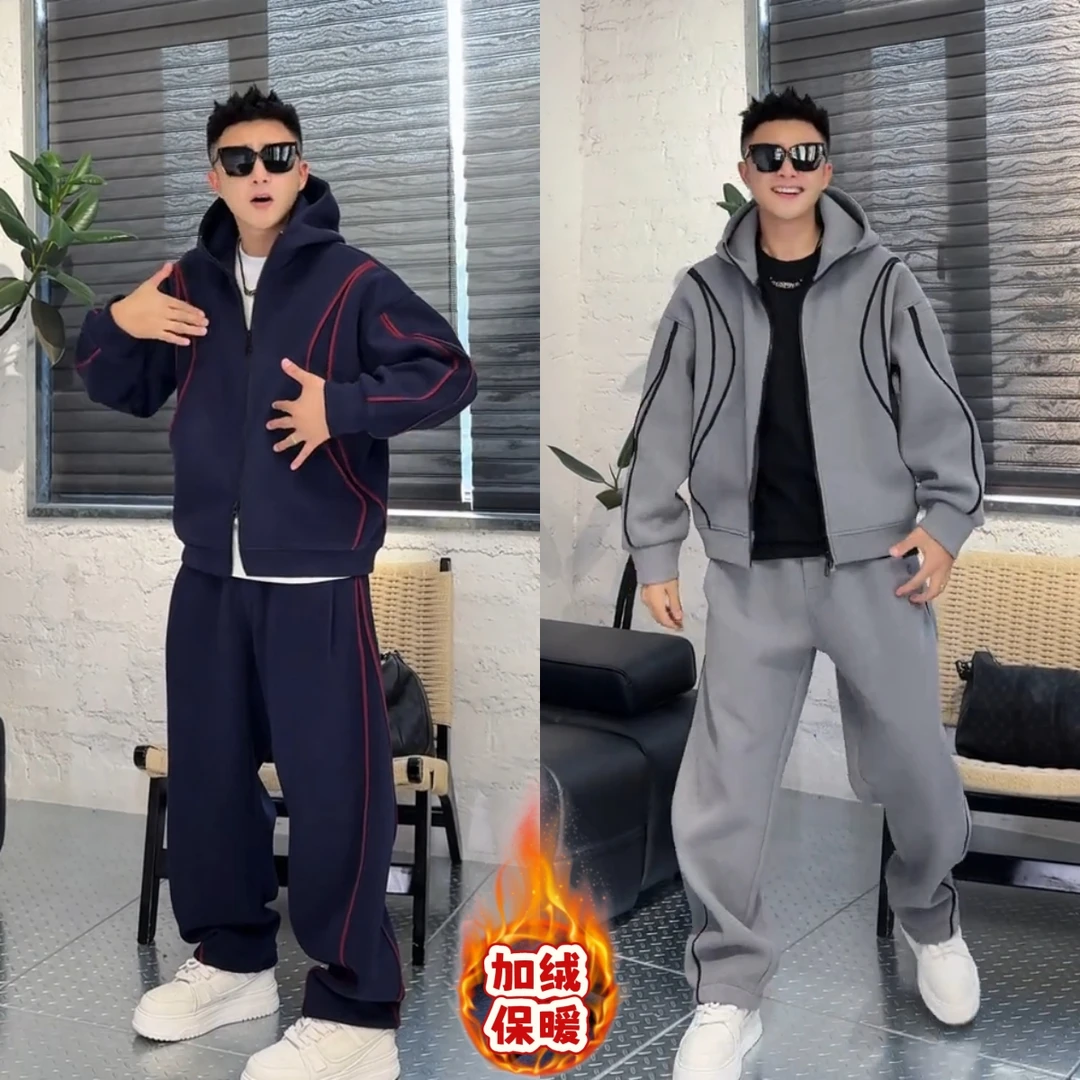 语乐秋冬防风帽领空气层双面加绒加厚撞弧线痞帅运动休闲时尚套装