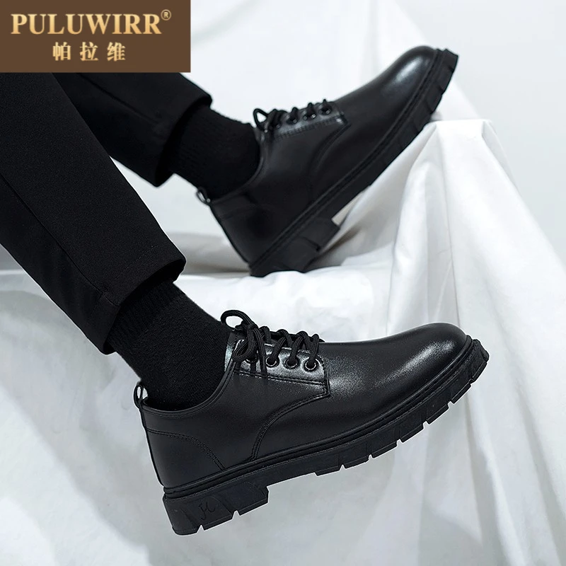 黑色皮鞋男款夏季休闲百搭商务正装英伦风大头软底学生小皮鞋增高