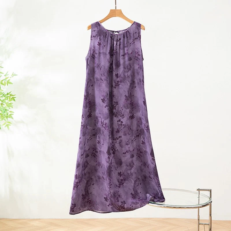 桑蚕丝优雅紫色背心连衣裙